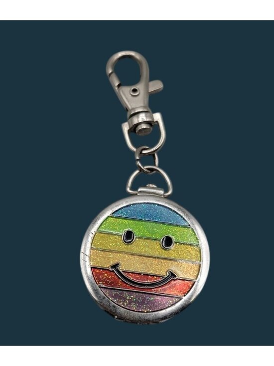 Prima Donna Other - Vtg Prima Donna Keychain Pocket Watch Clip On Rainbow Smiley Face Charm Quartz